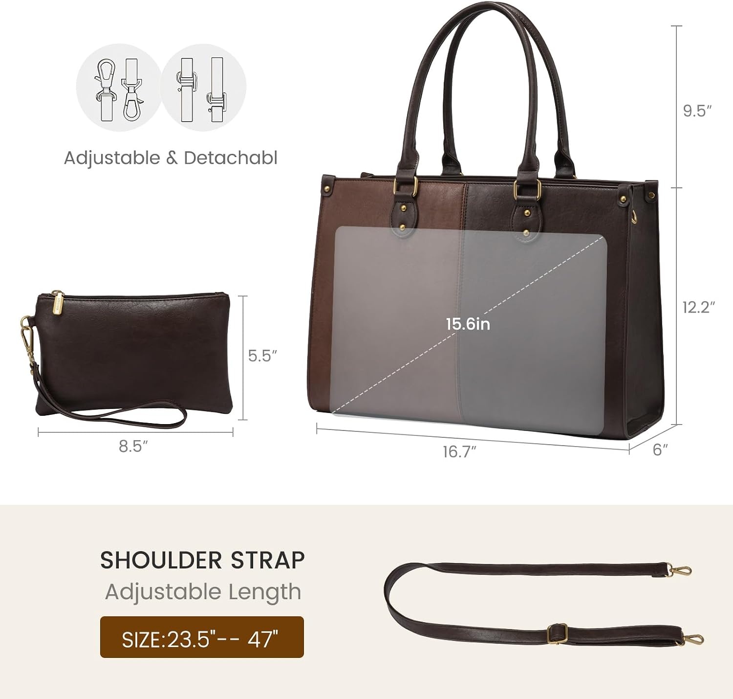 image:imageLOVEVOOK Laptop Tote Bag for Women 156 Inch Professional Work Bag with Matching Clutch Waterproof Vintage Leather Computer Tote for Office Business Travel amp Daily Use Gift for WomenBrown  Coffee