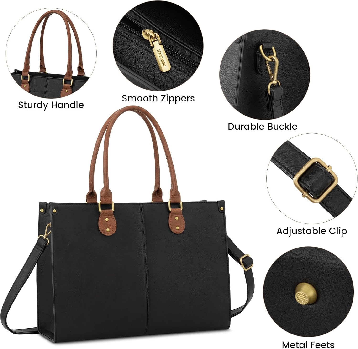 image:imageLOVEVOOK Laptop Tote Bag for Women 156 Inch Professional Work Bag with Matching Clutch Waterproof Vintage Leather Computer Tote for Office Business Travel amp Daily Use Gift for WomenBlack  Brown