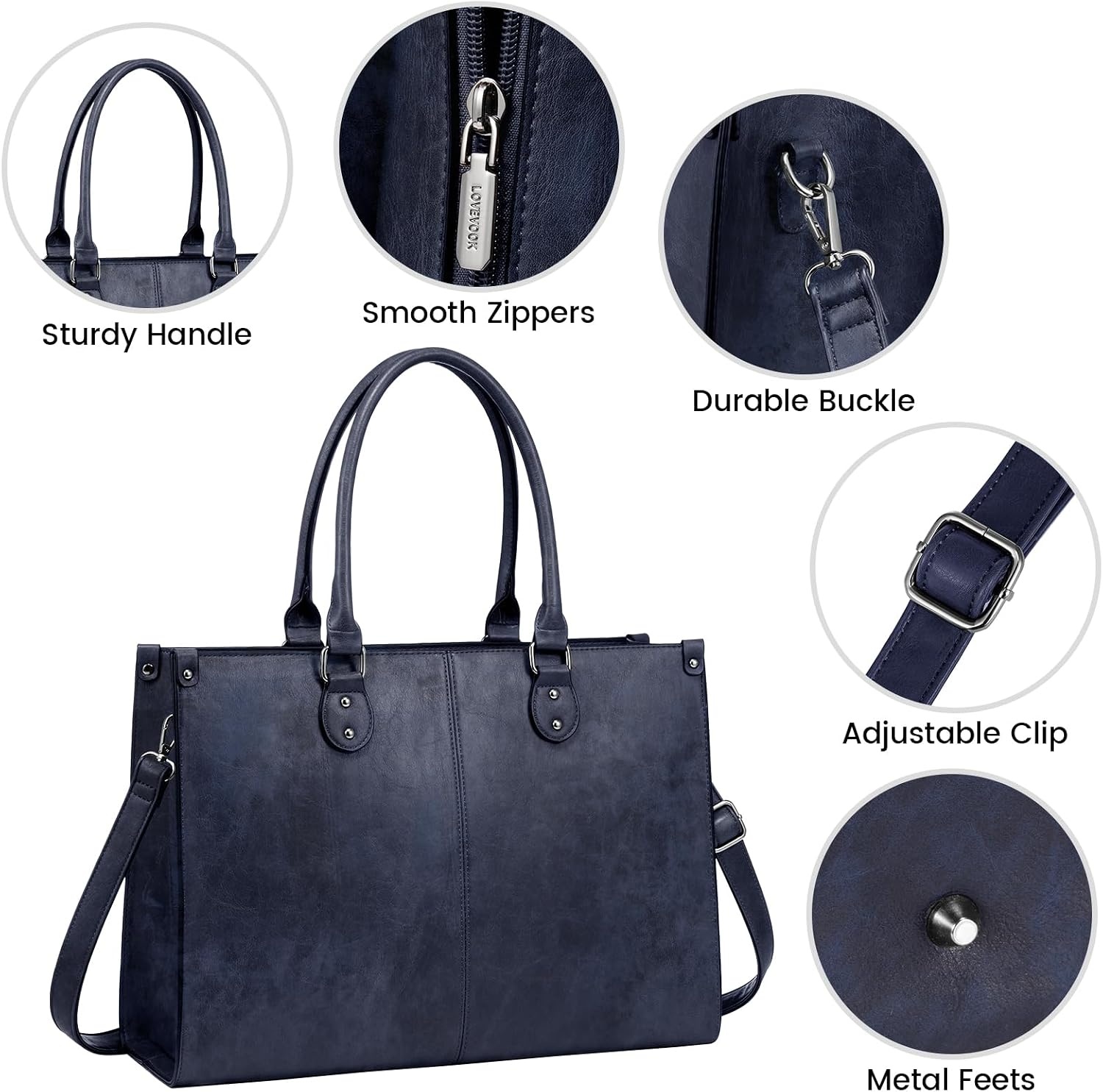 image:imageLOVEVOOK Laptop Tote Bag for Women 156 Inch Professional Work Bag with Matching Clutch Waterproof Vintage Leather Computer Tote for Office Business Travel amp Daily Use Gift for WomenIndigo Ink