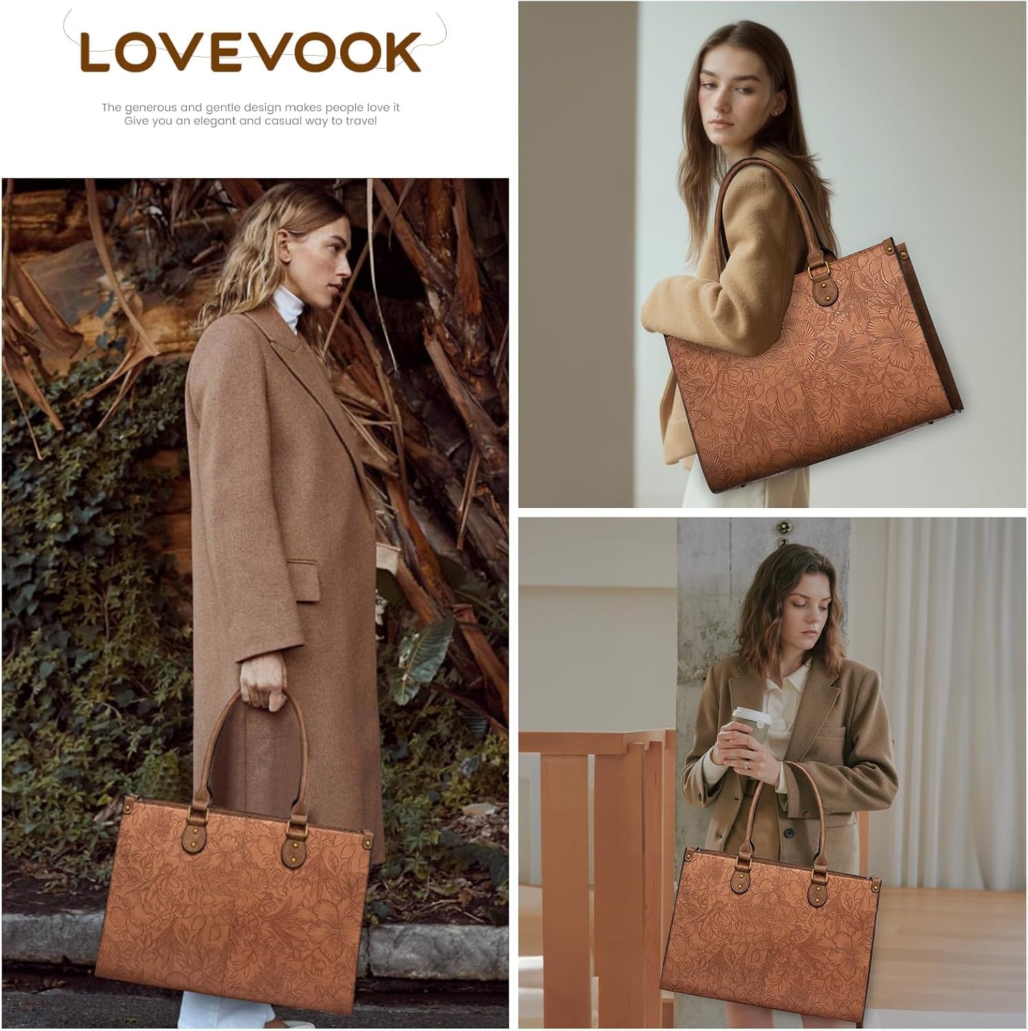 image:imageLOVEVOOK Laptop Tote Bag for Women 156 Inch Professional Work Bag with Matching Clutch Waterproof Vintage Leather Computer Tote for Office Business Travel amp Daily Use Gift for WomenBrown Embossed