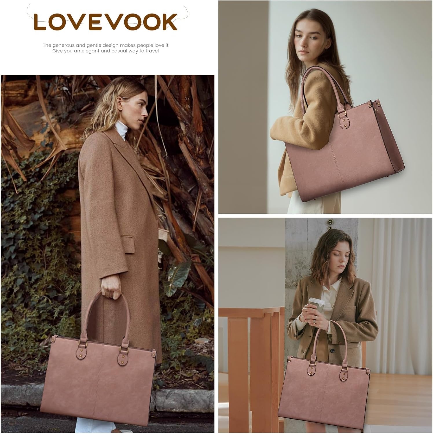 image:imageLOVEVOOK Laptop Tote Bag for Women 156 Inch Professional Work Bag with Matching Clutch Waterproof Vintage Leather Computer Tote for Office Business Travel amp Daily Use Gift for WomenLotus Pink