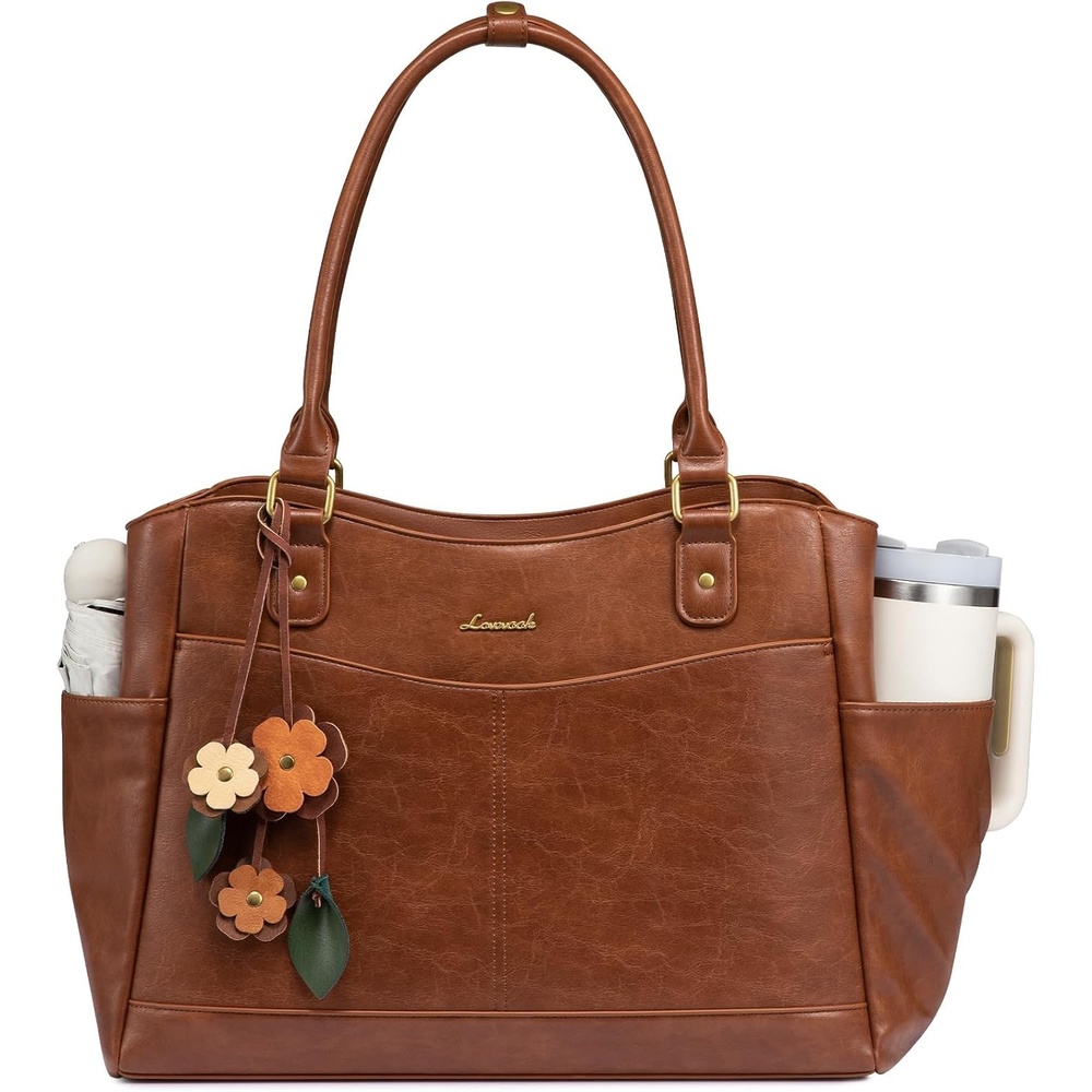 image:imageLOVEVOOK Laptop Bag for Women Vintage Work Tote Teacher Bag with Pendant  Fits 156 Inch Laptop Magnetic Front Pockets fits for Large Bottle Pockets Flower Pendant Fashion Work PurseBrown
