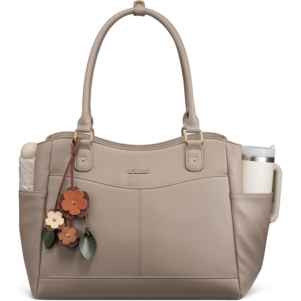 image:imageLOVEVOOK Laptop Bag for Women Vintage Work Tote Teacher Bag with Pendant  Fits 156 Inch Laptop Magnetic Front Pockets fits for Large Bottle Pockets Flower Pendant Fashion Work PurseMilk Gray
