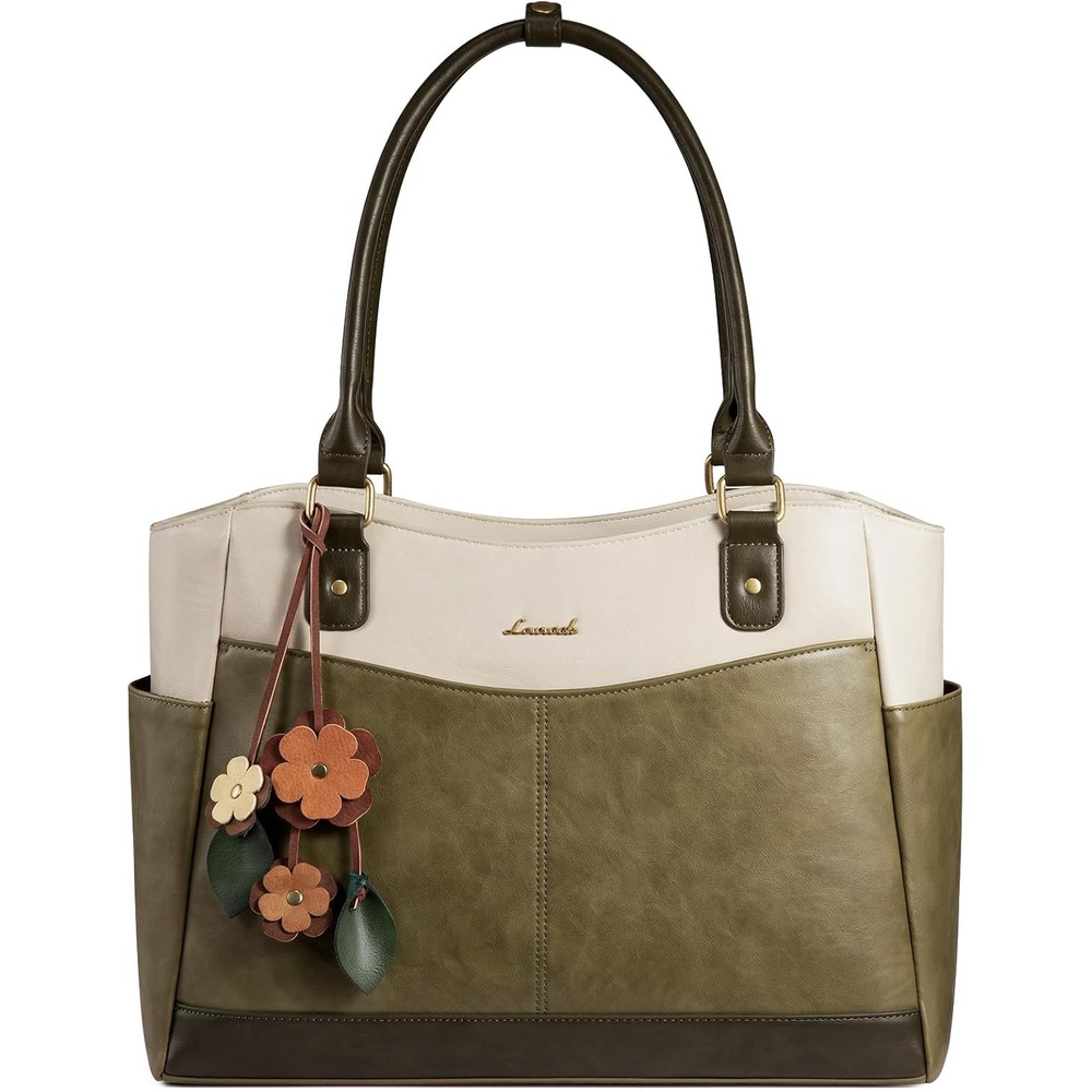 image:imageLOVEVOOK Laptop Bag for Women Vintage Work Tote Teacher Bag with Pendant  Fits 156 Inch Laptop Magnetic Front Pockets fits for Large Bottle Pockets Flower Pendant Fashion Work PurseGreenbeigedark Green
