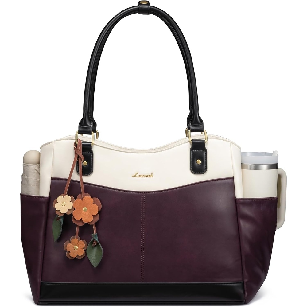 image:imageLOVEVOOK Laptop Bag for Women Vintage Work Tote Teacher Bag with Pendant  Fits 156 Inch Laptop Magnetic Front Pockets fits for Large Bottle Pockets Flower Pendant Fashion Work PursePurplebeige