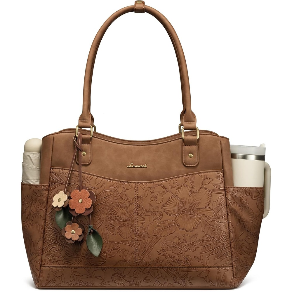 image:imageLOVEVOOK Laptop Bag for Women Vintage Work Tote Teacher Bag with Pendant  Fits 156 Inch Laptop Magnetic Front Pockets fits for Large Bottle Pockets Flower Pendant Fashion Work PurseEmbossed Brown