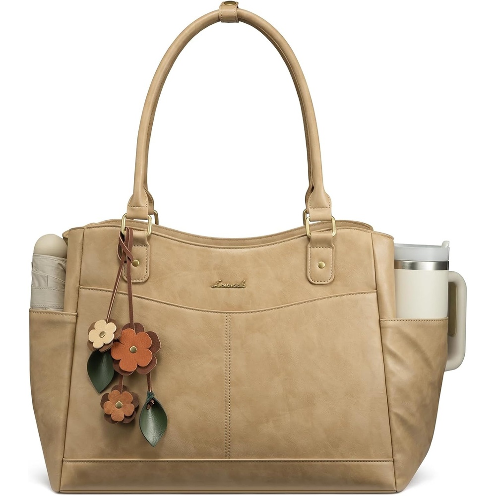 image:imageLOVEVOOK Laptop Bag for Women Vintage Work Tote Teacher Bag with Pendant  Fits 156 Inch Laptop Magnetic Front Pockets fits for Large Bottle Pockets Flower Pendant Fashion Work PurseCamel