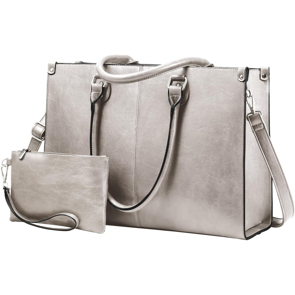 image:imageLOVEVOOK Laptop Tote Bag for Women 156 Inch Professional Work Bag with Matching Clutch Waterproof Vintage Leather Computer Tote for Office Business Travel amp Daily Use Gift for WomenSmoke Gray