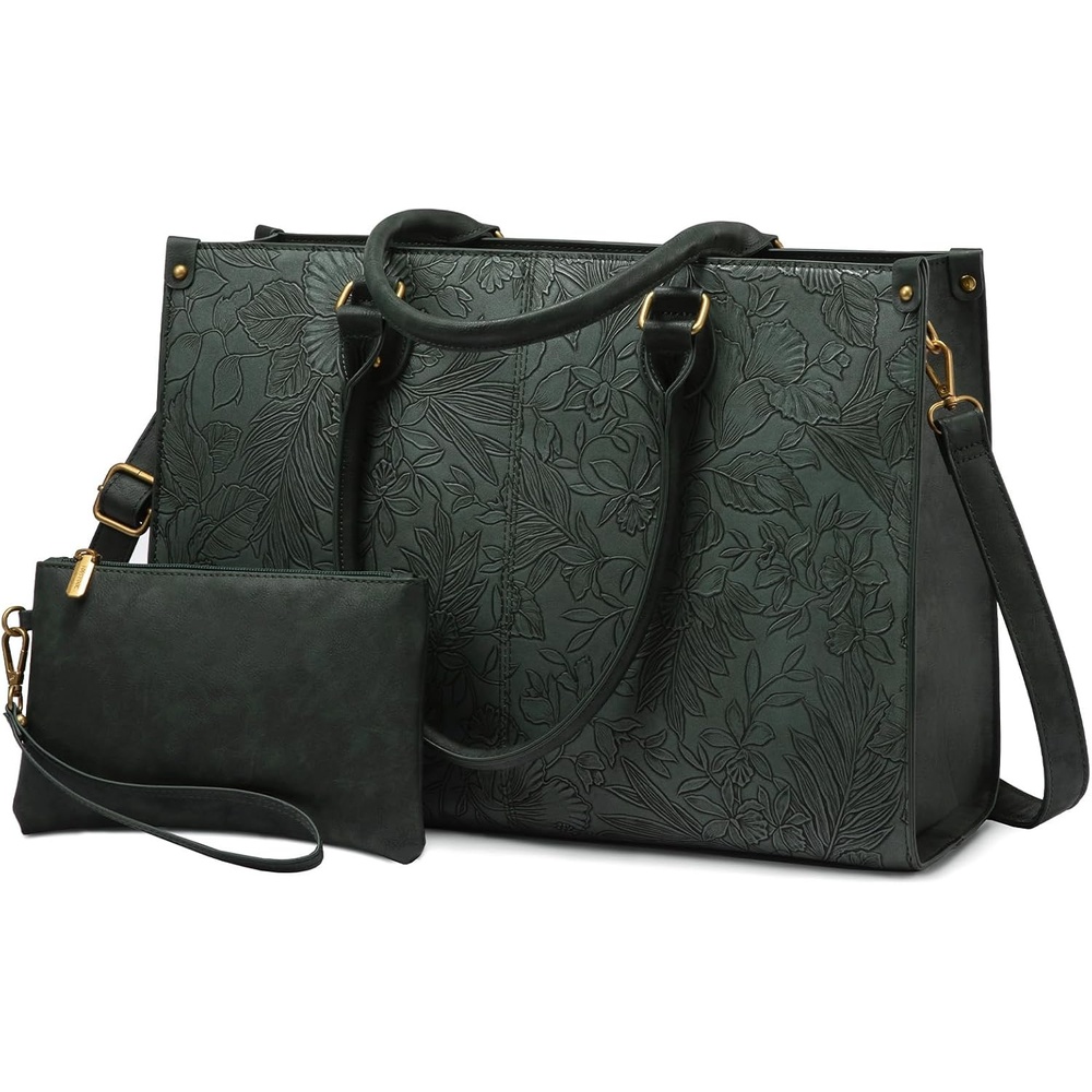 image:imageLOVEVOOK Laptop Tote Bag for Women 156 Inch Professional Work Bag with Matching Clutch Waterproof Vintage Leather Computer Tote for Office Business Travel amp Daily Use Gift for WomenGreen Embossed