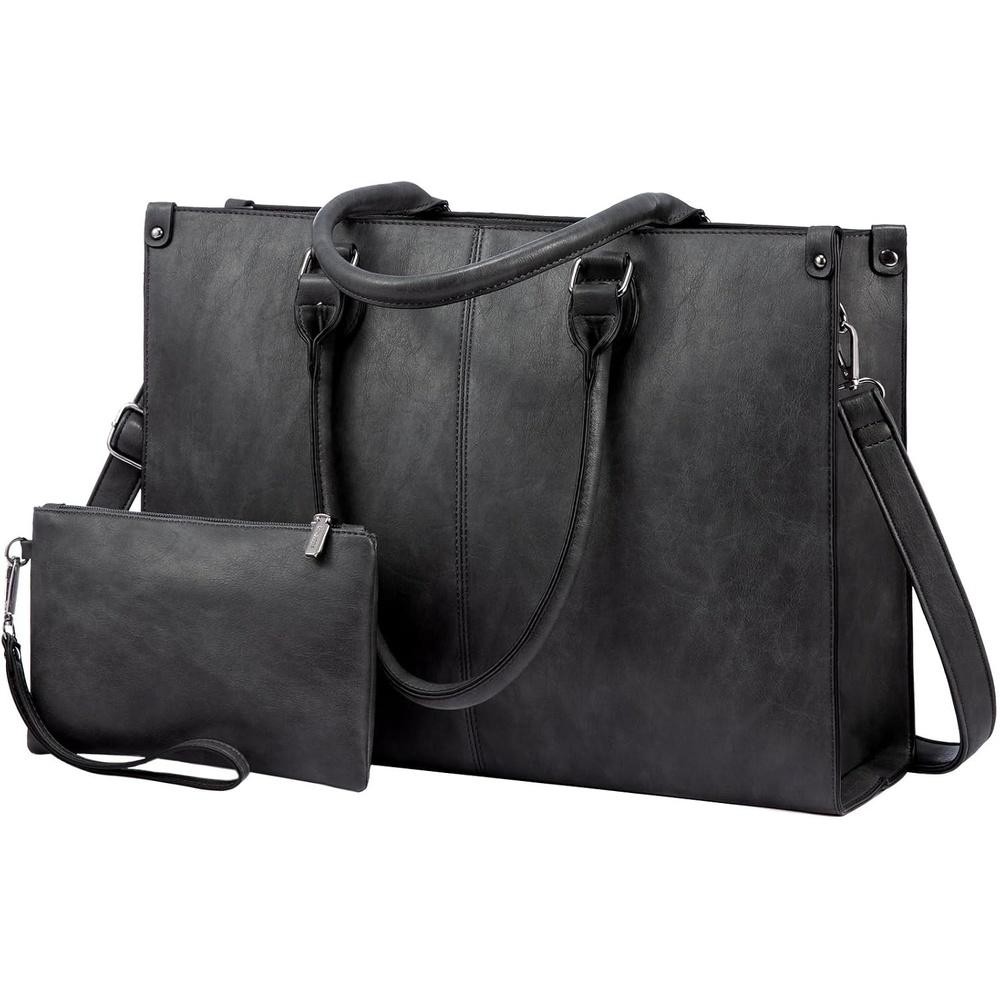 image:imageLOVEVOOK Laptop Tote Bag for Women 156 Inch Professional Work Bag with Matching Clutch Waterproof Vintage Leather Computer Tote for Office Business Travel amp Daily Use Gift for WomenDark Grey
