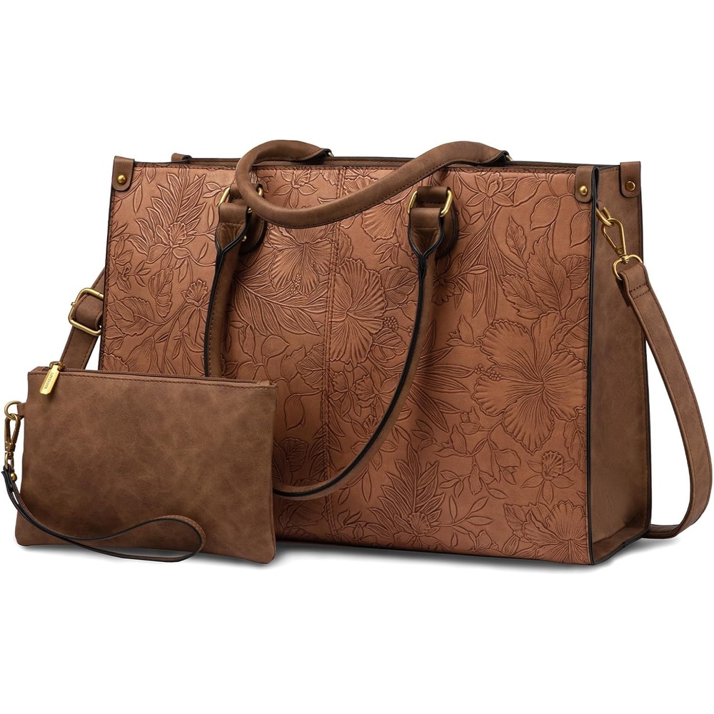 image:imageLOVEVOOK Laptop Tote Bag for Women 156 Inch Professional Work Bag with Matching Clutch Waterproof Vintage Leather Computer Tote for Office Business Travel amp Daily Use Gift for WomenBrown Embossed