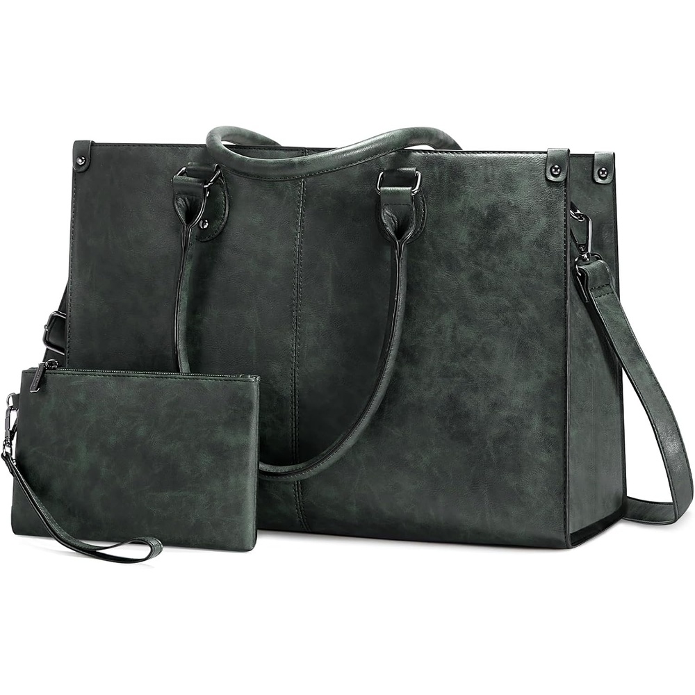 image:imageLOVEVOOK Laptop Tote Bag for Women 156 Inch Professional Work Bag with Matching Clutch Waterproof Vintage Leather Computer Tote for Office Business Travel amp Daily Use Gift for WomenDark Green
