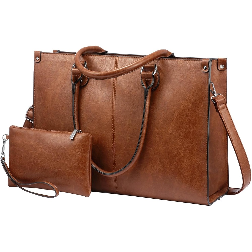 image:imageLOVEVOOK Laptop Tote Bag for Women 156 Inch Professional Work Bag with Matching Clutch Waterproof Vintage Leather Computer Tote for Office Business Travel amp Daily Use Gift for WomenDark Brown