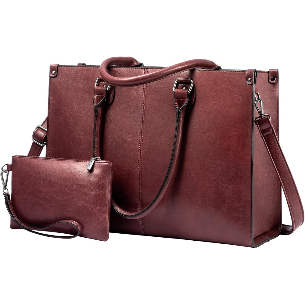 image:imageLOVEVOOK Laptop Tote Bag for Women 156 Inch Professional Work Bag with Matching Clutch Waterproof Vintage Leather Computer Tote for Office Business Travel amp Daily Use Gift for WomenWine Red