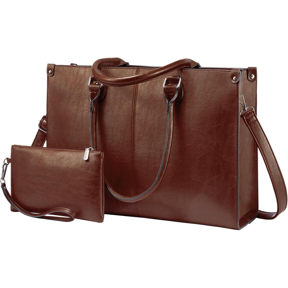image:imageLOVEVOOK Laptop Tote Bag for Women 156 Inch Professional Work Bag with Matching Clutch Waterproof Vintage Leather Computer Tote for Office Business Travel amp Daily Use Gift for WomenChestnut Brown