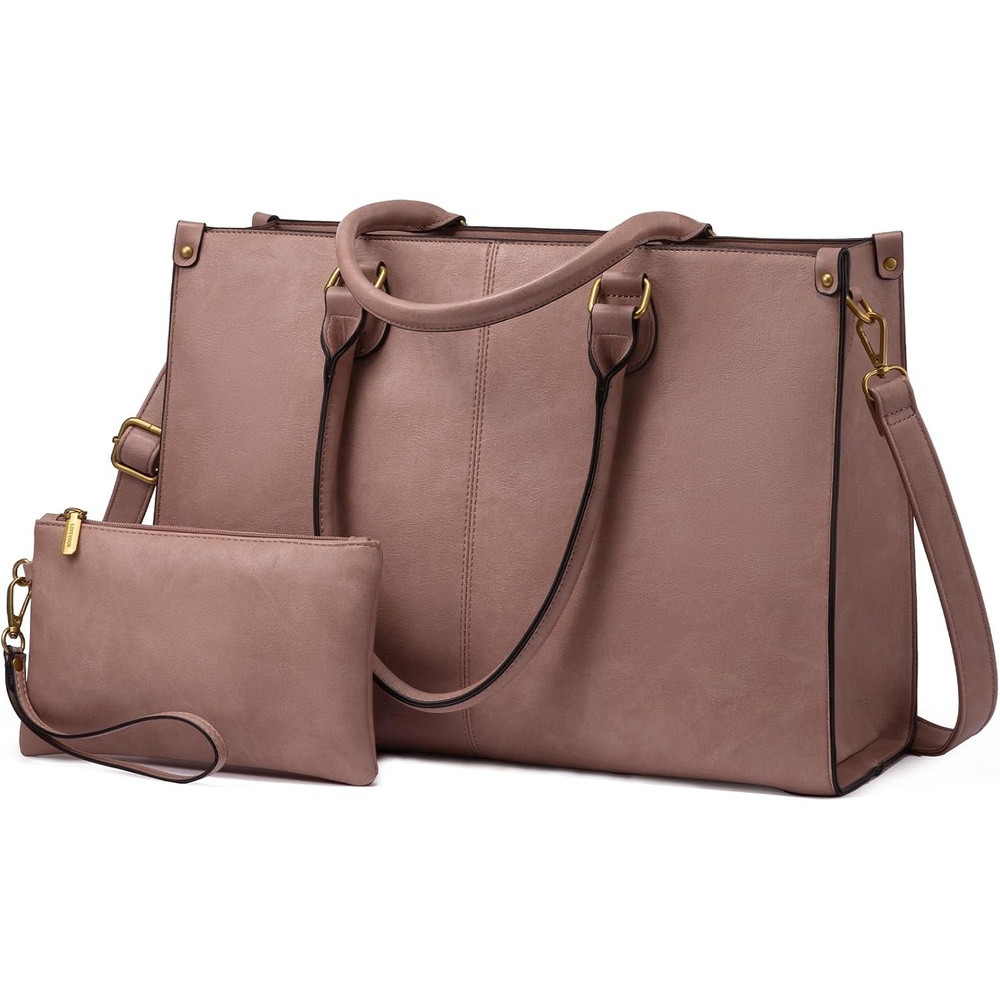 image:imageLOVEVOOK Laptop Tote Bag for Women 156 Inch Professional Work Bag with Matching Clutch Waterproof Vintage Leather Computer Tote for Office Business Travel amp Daily Use Gift for WomenLotus Pink
