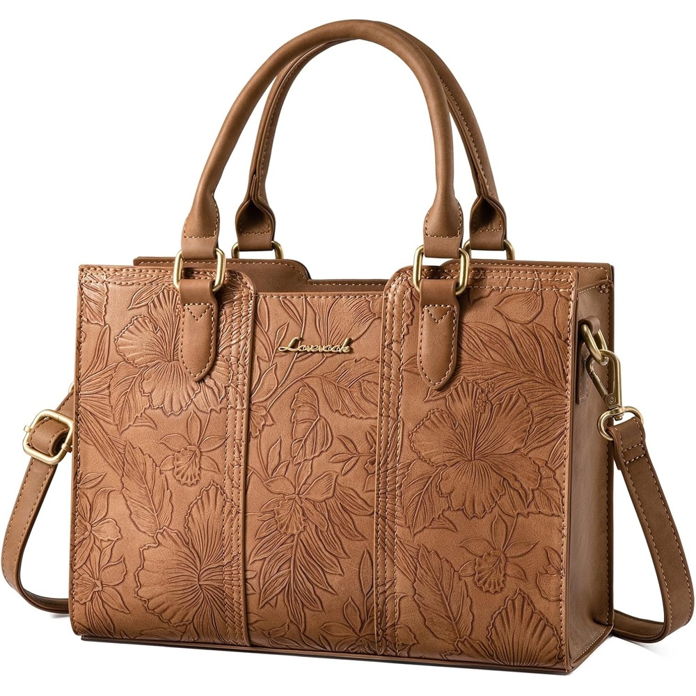 image:imageLOVEVOOK Purse for Women Vintage Leather Shoulder Handbag Small Ladies Satchel Tote Purse Top Handle Crossbody Bag for WorkBrownembossed