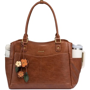 image:imageLOVEVOOK Laptop Bag for Women Vintage Work Tote Teacher Bag with Pendant  Fits 156 Inch Laptop Magnetic Front Pockets fits for Large Bottle Pockets Flower Pendant Fashion Work PurseBrown