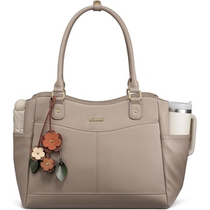 image:imageLOVEVOOK Laptop Bag for Women Vintage Work Tote Teacher Bag with Pendant  Fits 156 Inch Laptop Magnetic Front Pockets fits for Large Bottle Pockets Flower Pendant Fashion Work PurseMilk Gray