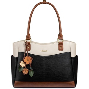 image:imageLOVEVOOK Laptop Bag for Women Vintage Work Tote Teacher Bag with Pendant  Fits 156 Inch Laptop Magnetic Front Pockets fits for Large Bottle Pockets Flower Pendant Fashion Work PurseBlackbeigebrown
