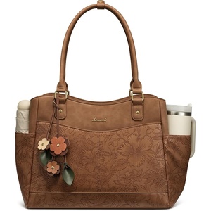 image:imageLOVEVOOK Laptop Bag for Women Vintage Work Tote Teacher Bag with Pendant  Fits 156 Inch Laptop Magnetic Front Pockets fits for Large Bottle Pockets Flower Pendant Fashion Work PurseEmbossed Brown