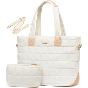 image:imageLOVEVOOK Laptop Tote Bag for Women 156 Inch Large Puffer Work Tote Computer Bags Quilted Womens Shoulder Purse Bag with Zipper Teacher Office Handbag for Travel College Business Gifts BlackBeige