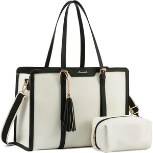 image:imageLOVEVOOK Laptop Tote Bag for WomenCanvas Work Bag Waterproof Business Teacher BagLarge Computer Handbag Purse BriefcaseOffice Gifts for WomenBeige  Black