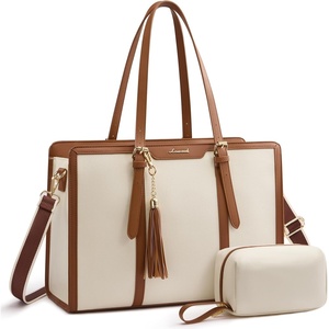 image:imageLOVEVOOK Laptop Tote Bag for WomenCanvas Work Bag Waterproof Business Teacher BagLarge Computer Handbag Purse BriefcaseOffice Gifts for WomenBeige