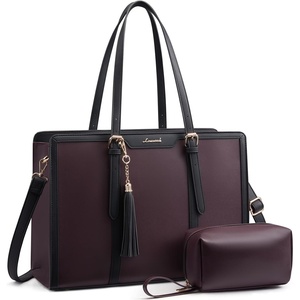 image:imageLOVEVOOK Laptop Tote Bag for WomenCanvas Work Bag Waterproof Business Teacher BagLarge Computer Handbag Purse BriefcaseOffice Gifts for WomenDark Red  Black