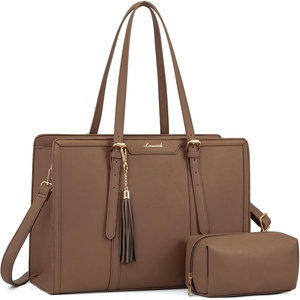 image:imageLOVEVOOK Laptop Tote Bag for WomenCanvas Work Bag Waterproof Business Teacher BagLarge Computer Handbag Purse BriefcaseOffice Gifts for WomenKhaki