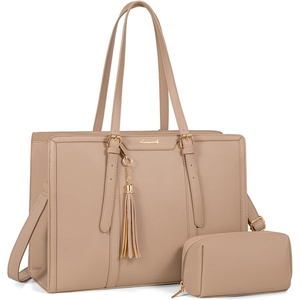 image:imageLOVEVOOK Laptop Tote Bag for WomenCanvas Work Bag Waterproof Business Teacher BagLarge Computer Handbag Purse BriefcaseOffice Gifts for WomenLight Brown