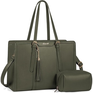 image:imageLOVEVOOK Laptop Tote Bag for WomenCanvas Work Bag Waterproof Business Teacher BagLarge Computer Handbag Purse BriefcaseOffice Gifts for WomenOlive Green