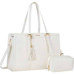 image:imageLOVEVOOK Laptop Tote Bag for WomenCanvas Work Bag Waterproof Business Teacher BagLarge Computer Handbag Purse BriefcaseOffice Gifts for WomenWhite