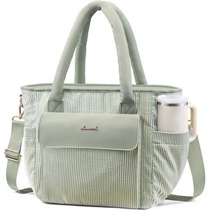 image:imageLOVEVOOK Insulated Lunch Bag Women Puffer Adult Large Lunch Box for Work  Wide Opening Large Lunch Tote Giant Tumbler Holder Leakproof Cooler Bag For College Picnic Beach Family Shoulder StrapGreen White Stripe