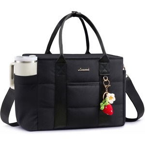 image:imageLOVEVOOK Insulated Lunch Bag Women Puffer Adult Lunch Box for Women Black  Wide Opening Large Loncheras Para Mujer with Cup HolderStrawberry CharmLeakproof Cooler Bag for Teacher Picnic Beach TravelBlack