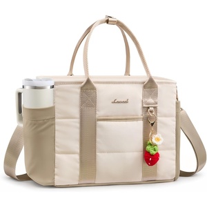 image:imageLOVEVOOK Insulated Lunch Bag Women Puffer Adult Lunch Box for Women Black  Wide Opening Large Loncheras Para Mujer with Cup HolderStrawberry CharmLeakproof Cooler Bag for Teacher Picnic Beach TravelKhaki Beige