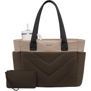 image:imageLOVEVOOK Tote Bag for Women Puffer Work Travel Handbag with Zipper for Teacher Nurse Quilted Cute Laptop Shoulder Gym BagBeigebrown