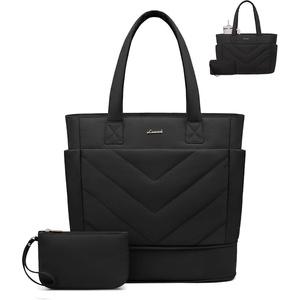 image:imageLOVEVOOK Tote Bag for Women Puffer Work Travel Handbag with Zipper for Teacher Nurse Quilted Cute Laptop Shoulder Gym BagBlackbottom Expansion